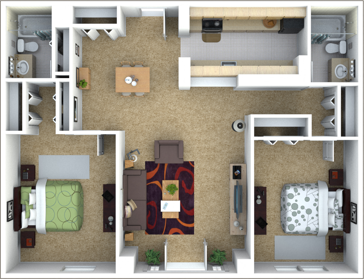 Floor plan for 2 beds, 2 baths, 968 sqft